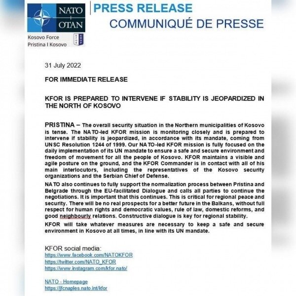 KFOR готов вмешаться, если стабильность Косово окажется под угрозой 1